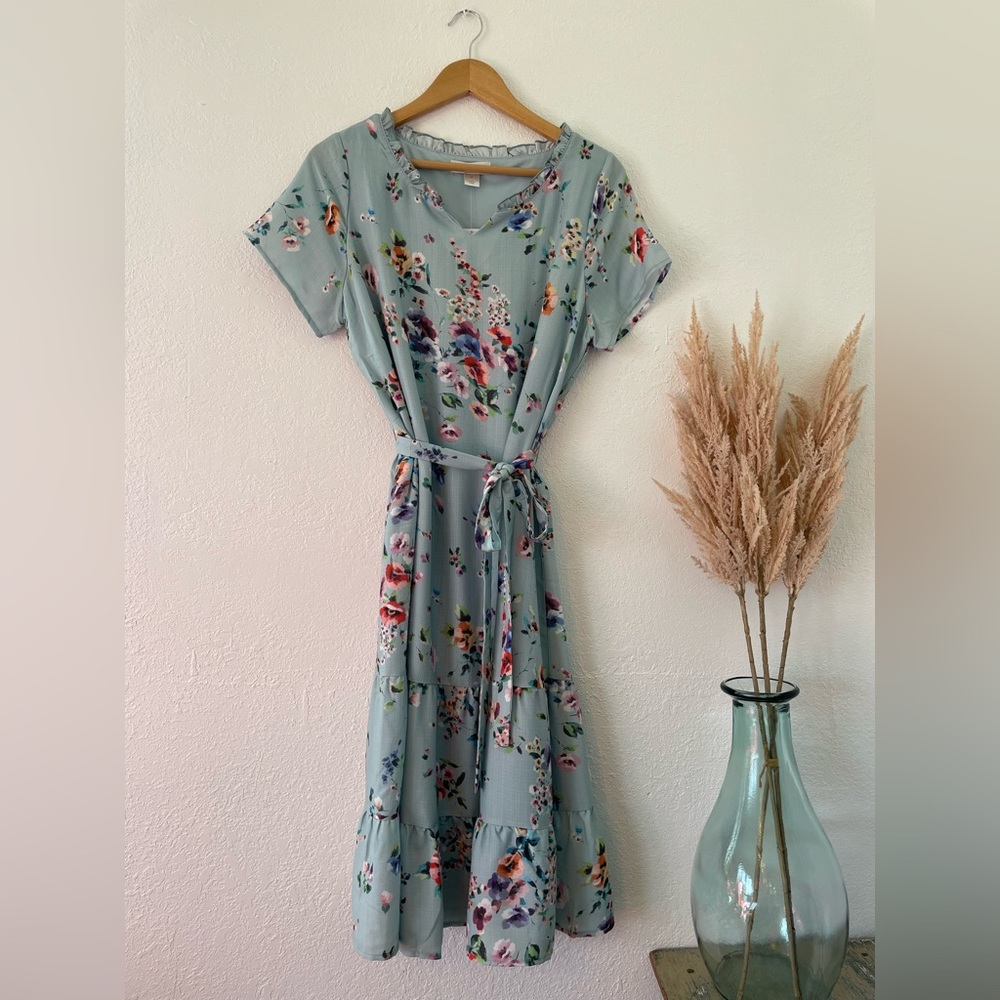 Christopher & Banks Floral Midi Dress - Light Blue and Multicolor